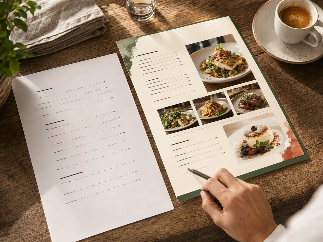 Menu semplice di un ristorante accanto all'anteprima di un menu stampato ricco di foto