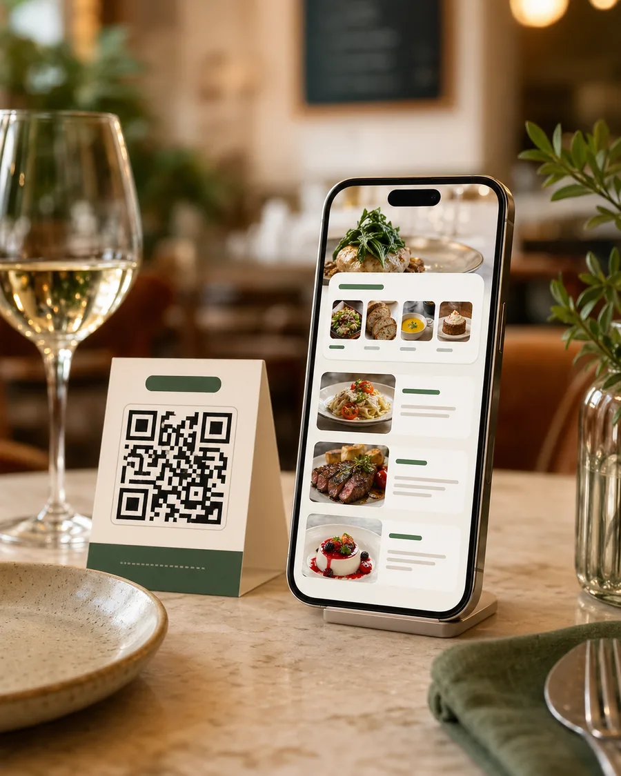 Anteprima su smartphone di un menu fotografico ospitato online, su un tavolo da caffè