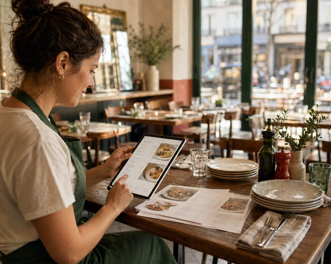 Proprietario di un caffè che controlla su un tablet un menu per ristorante pronto per la stampa